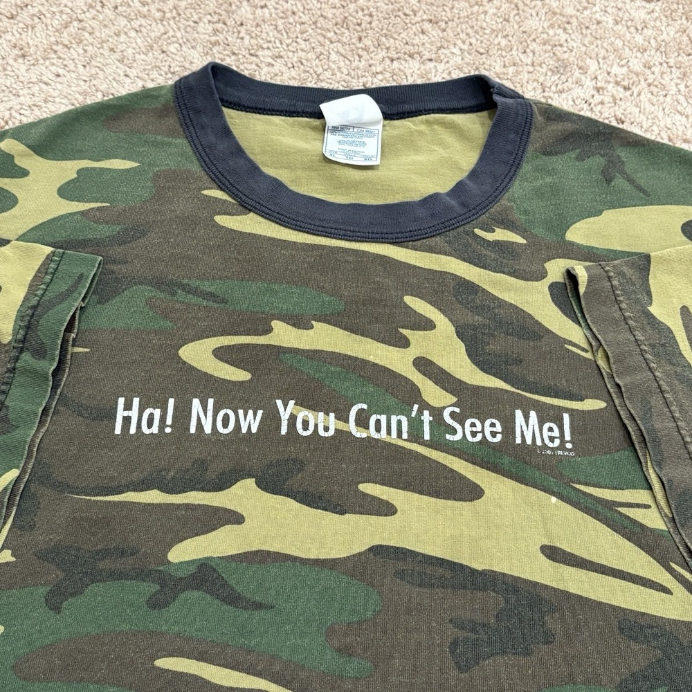 Vintage HA! Now You Can't See Me Camouflage T-Shirt Mens XL Green Camo Funny Y2K